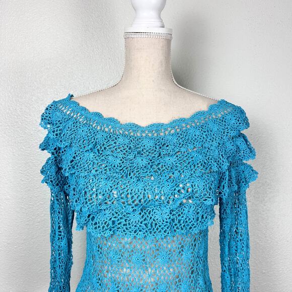 Lipsy London Turquoise Crochet Lace Off Shoulder Long Sleeve Top UK 14 Y2K Boho - Picture 4 of 5